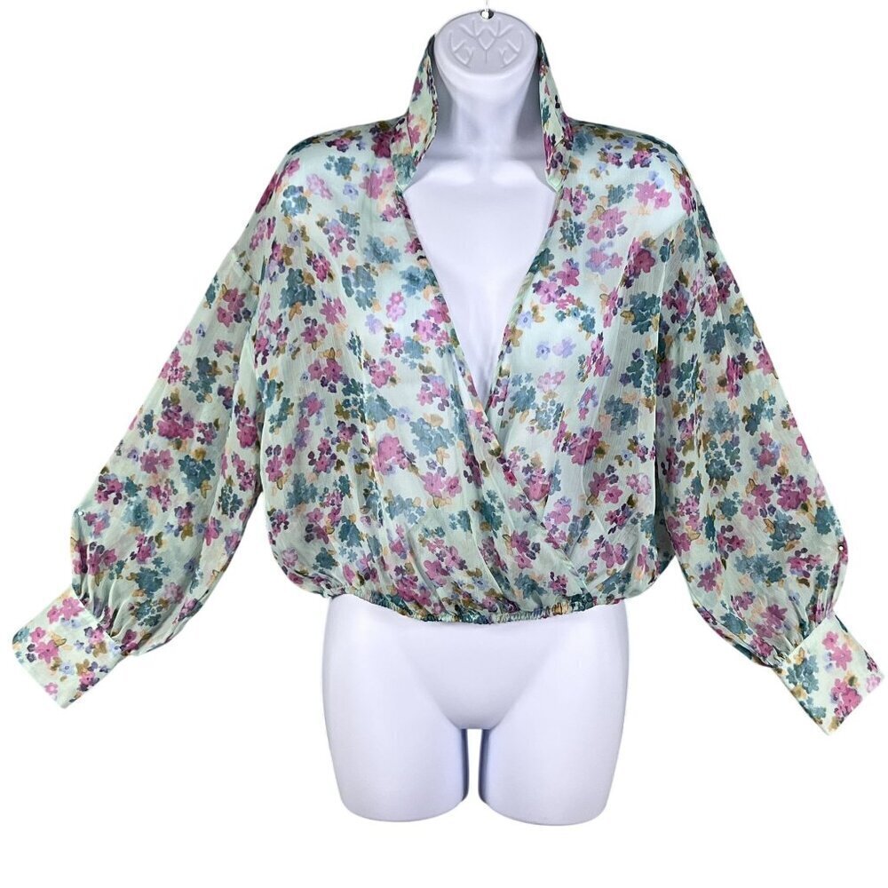 Zara NWT Womens S Floral Wrap Blouse Bell Sleeves Fairy Pastel Chiffon Crop Top